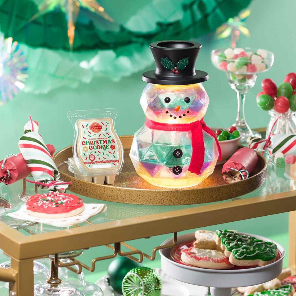 Snowman warmer with a fun crystal iridescent look and Christmas cookie bar