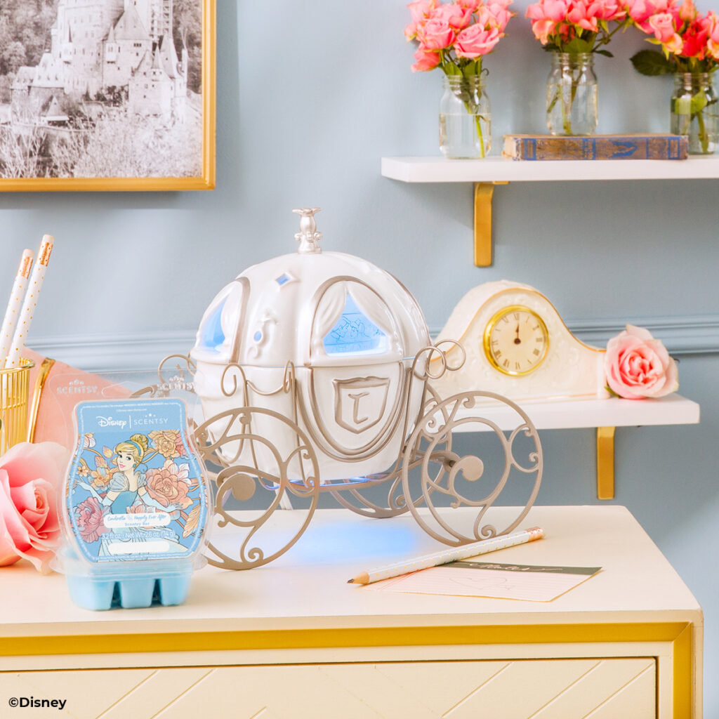 Cinderella's carriage in a beautiful pearl and silver color. with blue accent lights.