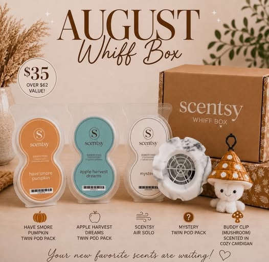 Aug Scentsy Whiff Box featuring a Back to school theme, pods, air solo and mushroom box exclusive buddy clip and more, promotional brochure. Contents may vary.