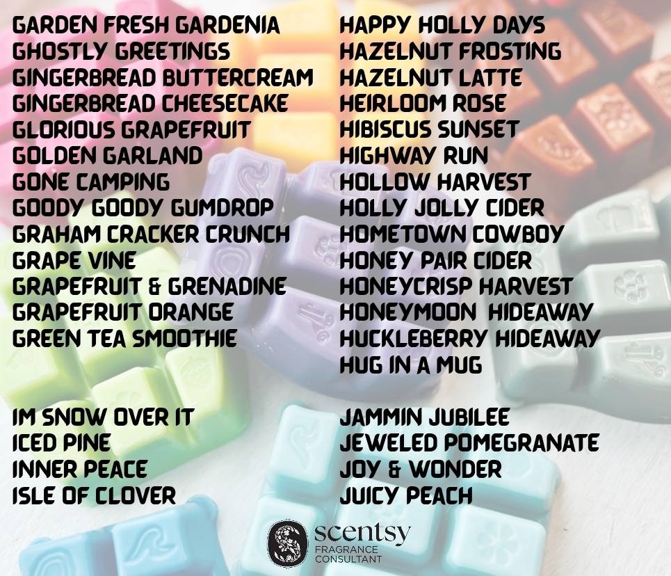 List of Scentsy Bring Back My Bar fragrances returning for November 2025. Alphabetical lineup of 100 discontinued scents available to add to Scentsy Club this month only.