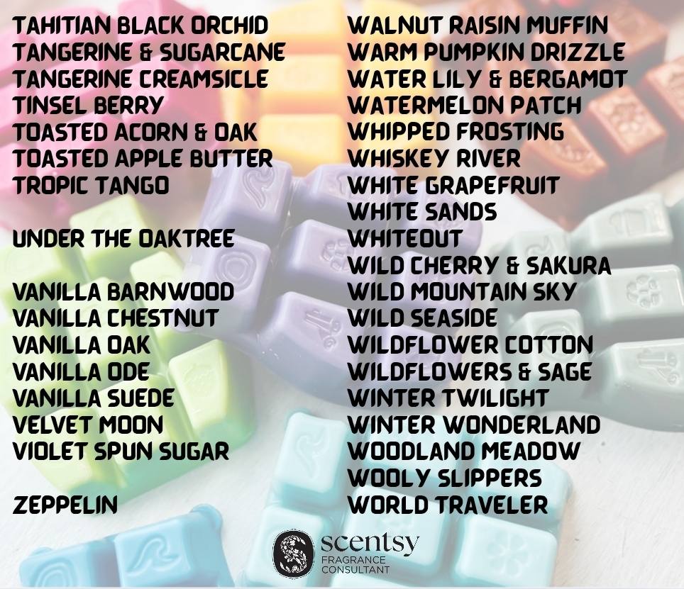 List of Scentsy Bring Back My Bar fragrances returning for November 2025. Alphabetical lineup of 100 discontinued scents available to add to Scentsy Club this month only.