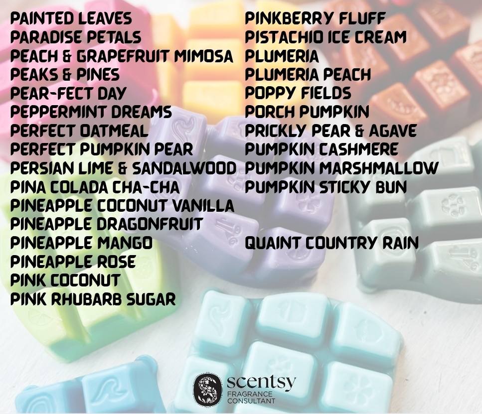 List of Scentsy Bring Back My Bar fragrances returning for November 2025. Alphabetical lineup of 100 discontinued scents available to add to Scentsy Club this month only.