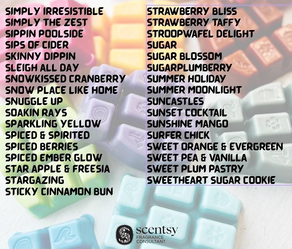 List of Scentsy Bring Back My Bar fragrances returning for November 2025. Alphabetical lineup of 100 discontinued scents available to add to Scentsy Club this month only.