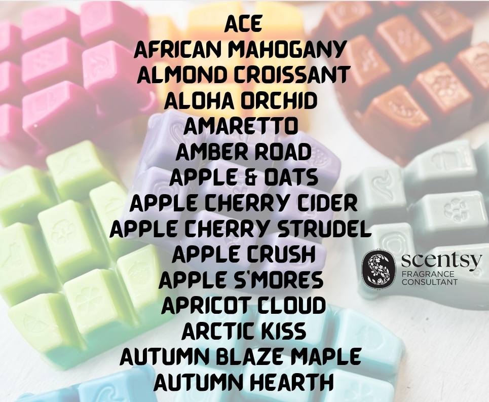 List of Scentsy Bring Back My Bar fragrances returning for November 2025. Alphabetical lineup of 100 discontinued scents available to add to Scentsy Club this month only.