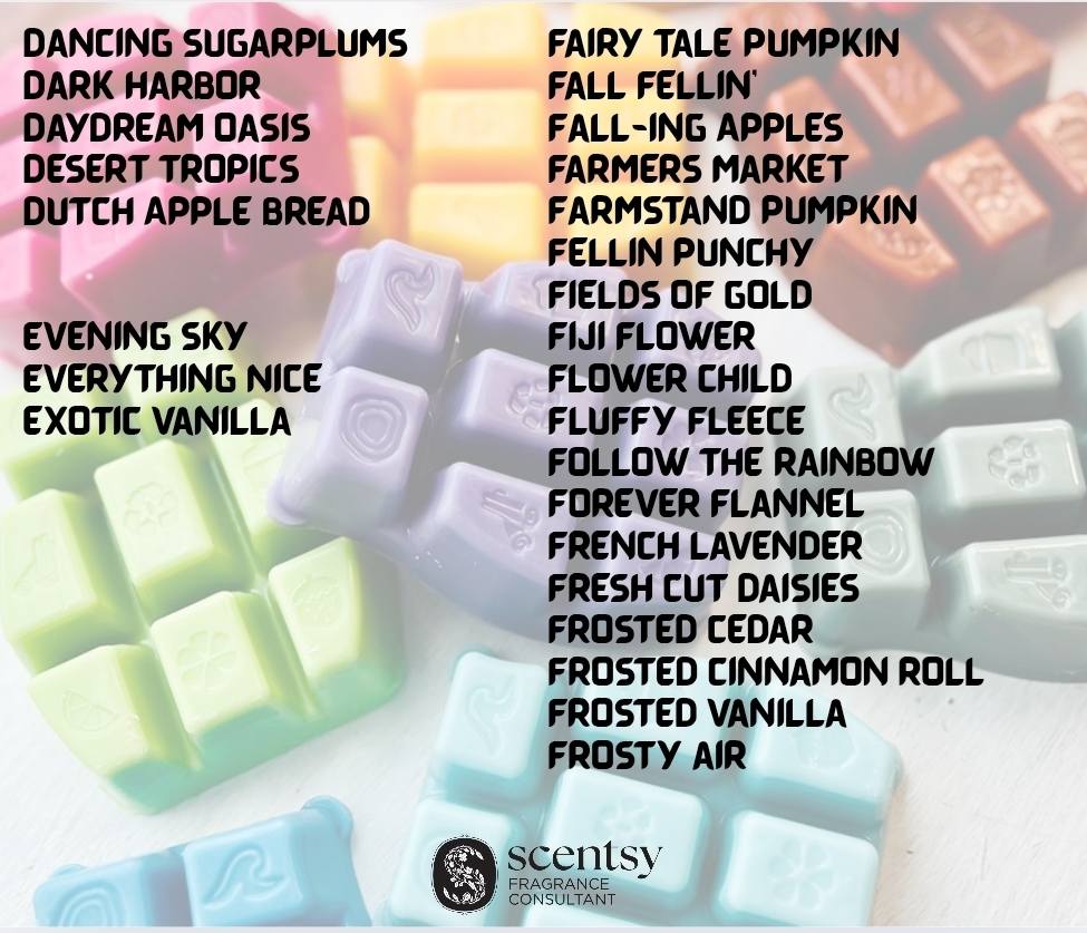 List of Scentsy Bring Back My Bar fragrances returning for November 2025. Alphabetical lineup of 100 discontinued scents available to add to Scentsy Club this month only.