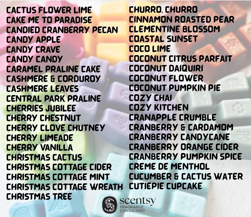 List of Scentsy Bring Back My Bar fragrances returning for November 2025. Alphabetical lineup of 100 discontinued scents available to add to Scentsy Club this month only.