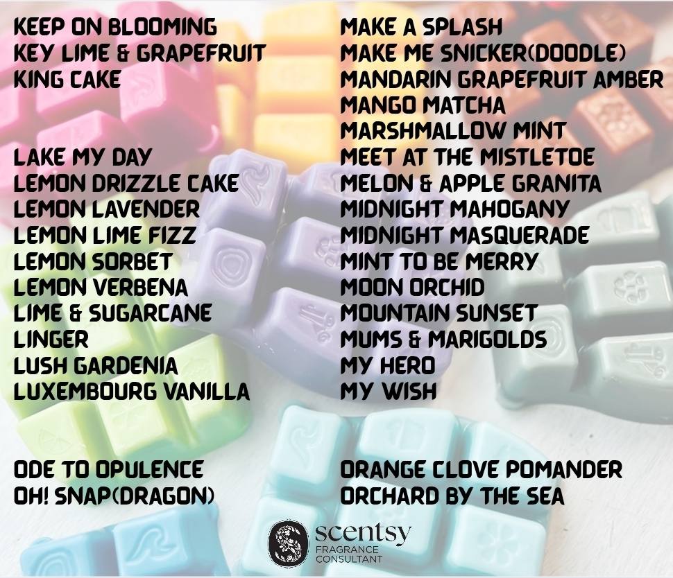 List of Scentsy Bring Back My Bar fragrances returning for November 2025. Alphabetical lineup of 100 discontinued scents available to add to Scentsy Club this month only.