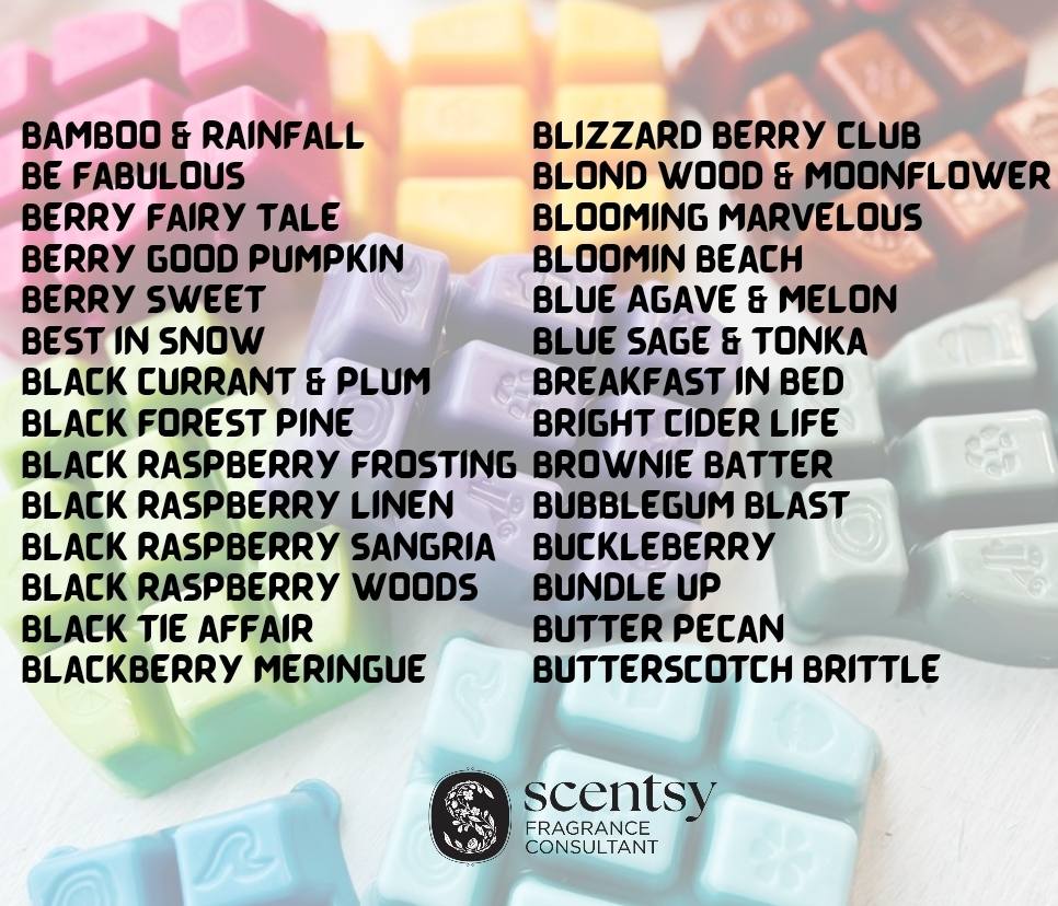 List of Scentsy Bring Back My Bar fragrances returning for November 2025. Alphabetical lineup of 100 discontinued scents available to add to Scentsy Club this month only.