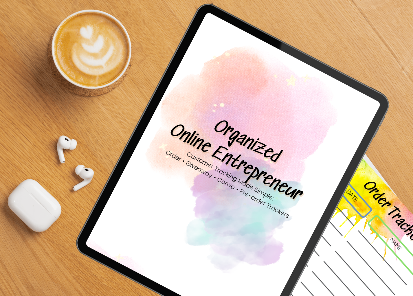 Organized Online Entrepreneur tracker bundle displayed on iPad with a printable order tracker and coffee — digital tools to help direct sellers and small business owners stay organized and consistent.