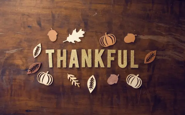 Flat lay photo of the word ‘THANKFUL’ spelled in gold glitter letters surrounded by small wooden fall decorations like pumpkins, leaves, and acorns on a dark wood table — representing gratitude and autumn season.
