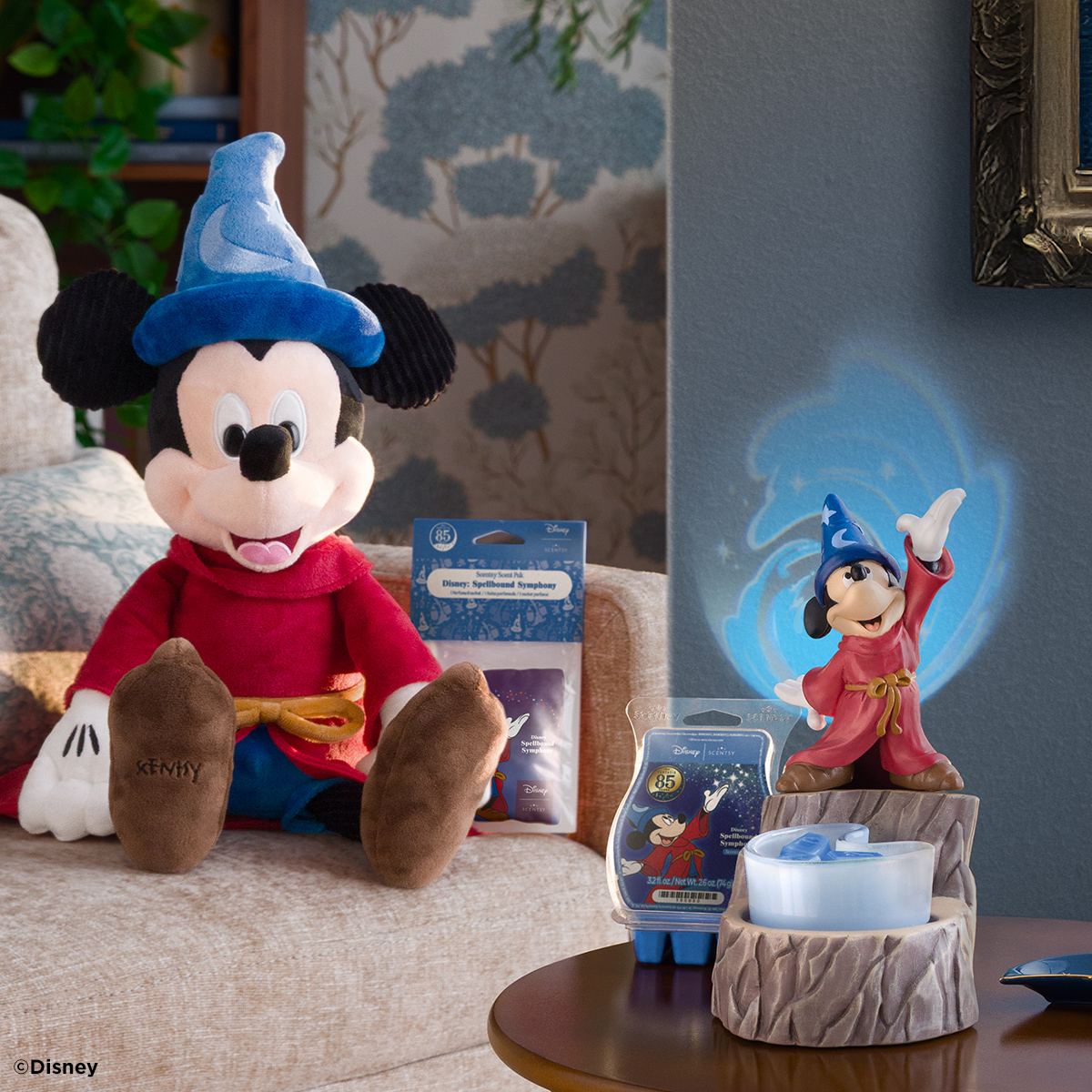 Disney Fantasia Scentsy Collection featuring the Sorcerer Mickey Buddy, Sorcerer’s Apprentice Warmer, and Spellbound Symphony wax bar, inspired by Disney’s classic film.