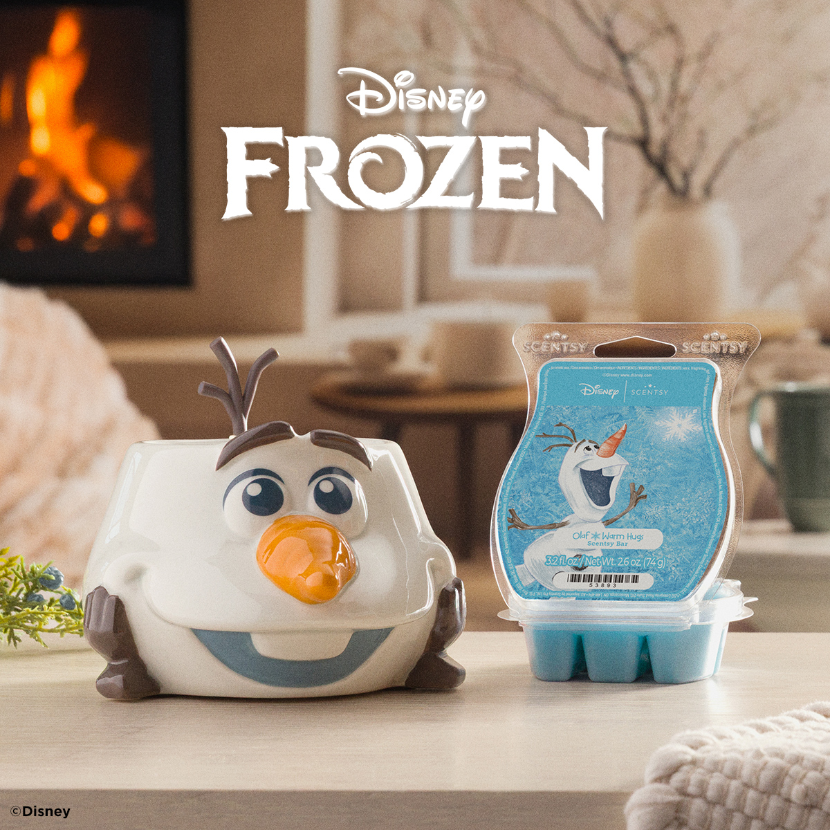 Disney Olaf Warm Fuzzies Scentsy Warmer with Olaf Warm Hugs wax bar, inspired by Frozen, featuring Olaf’s smiling face and cozy winter scene.