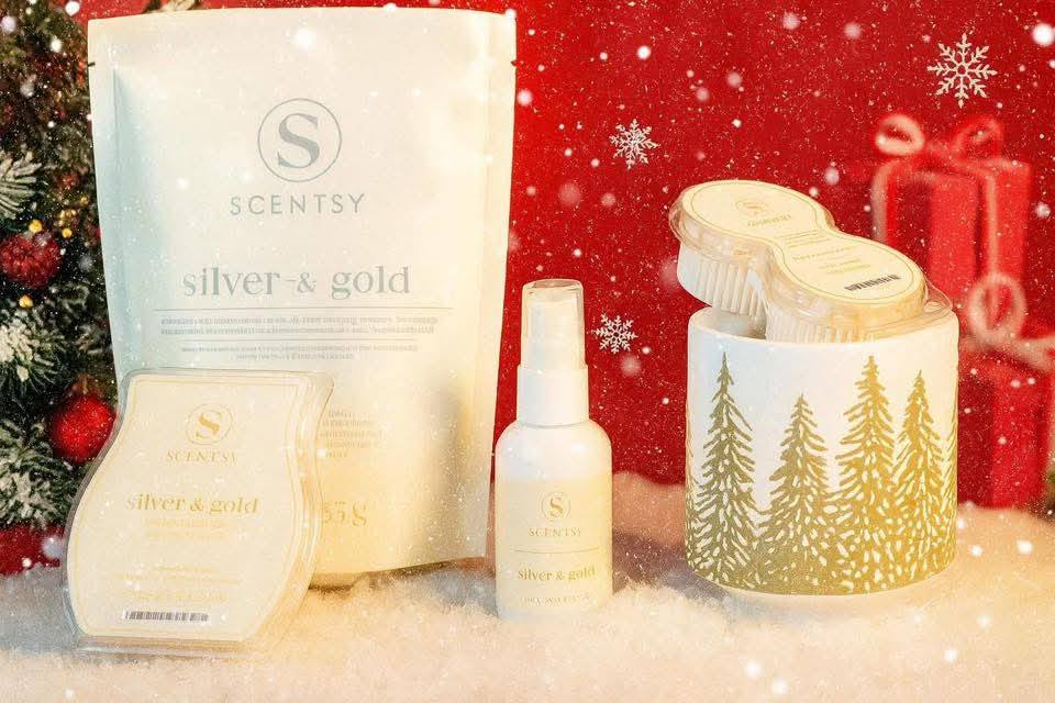 Scentsy December Whiff Box featuring the Silver & Gold fragrance collection displayed with wax bar, washer whiffs, room spray, pods, and festive holiday décor.