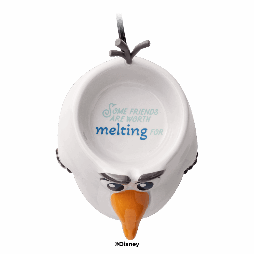 Top view of the Disney Olaf Warm Fuzzies Scentsy Warmer with the quote ‘Some friends are worth melting for’ inside the dish.
