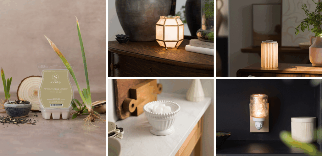 Scentsy Inspire Collection featuring dye-free wax bars and elegant warmers including Fluted Glow, Silver Stem, Clara, and Heirloom designs displayed in cozy home settings