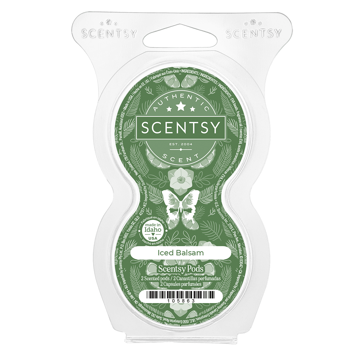 Scentsy Iced Balsam scent pods twin pack in green winter-inspired packaging.