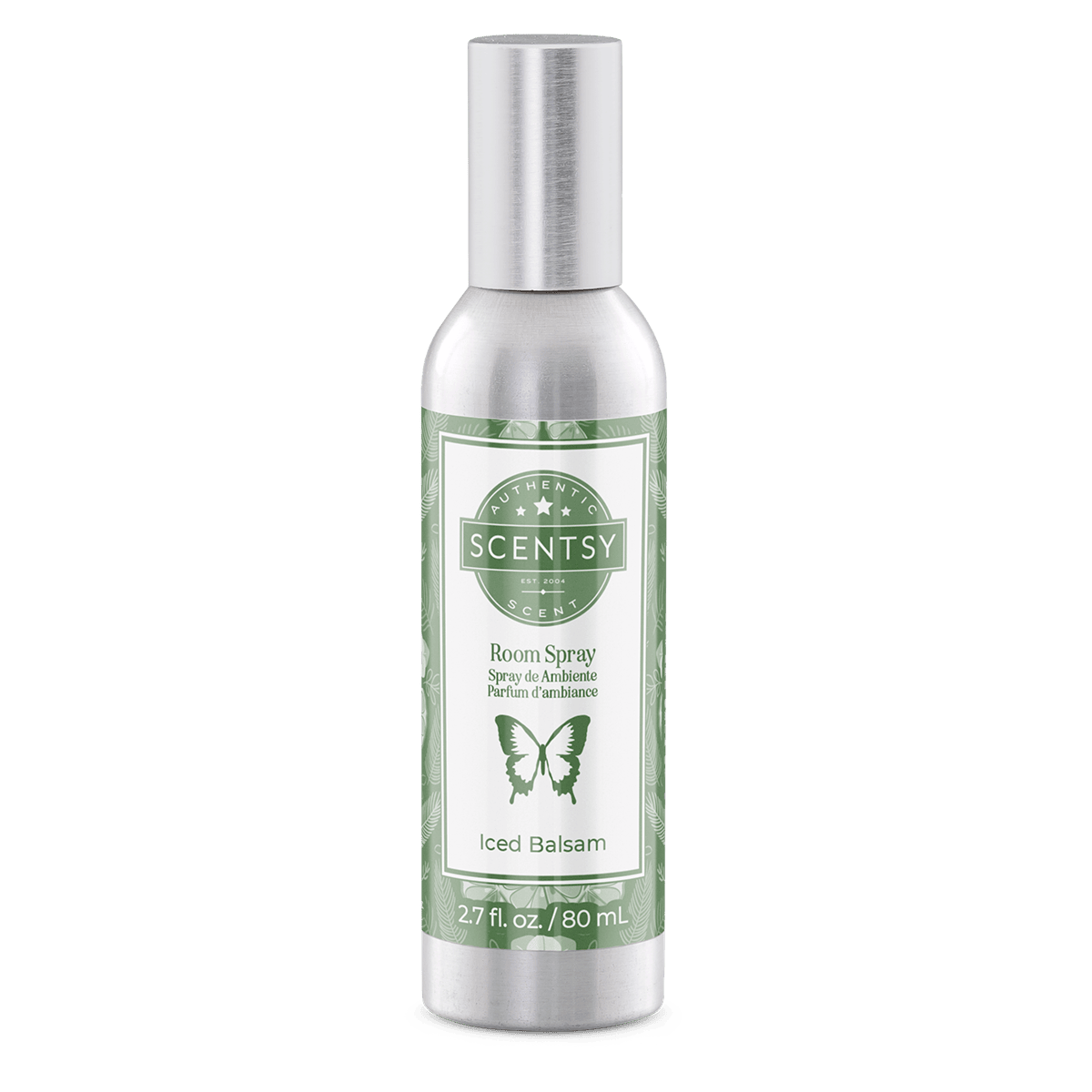 Scentsy Iced Balsam Room Spray in a sleek silver bottle with green winter-themed label.
