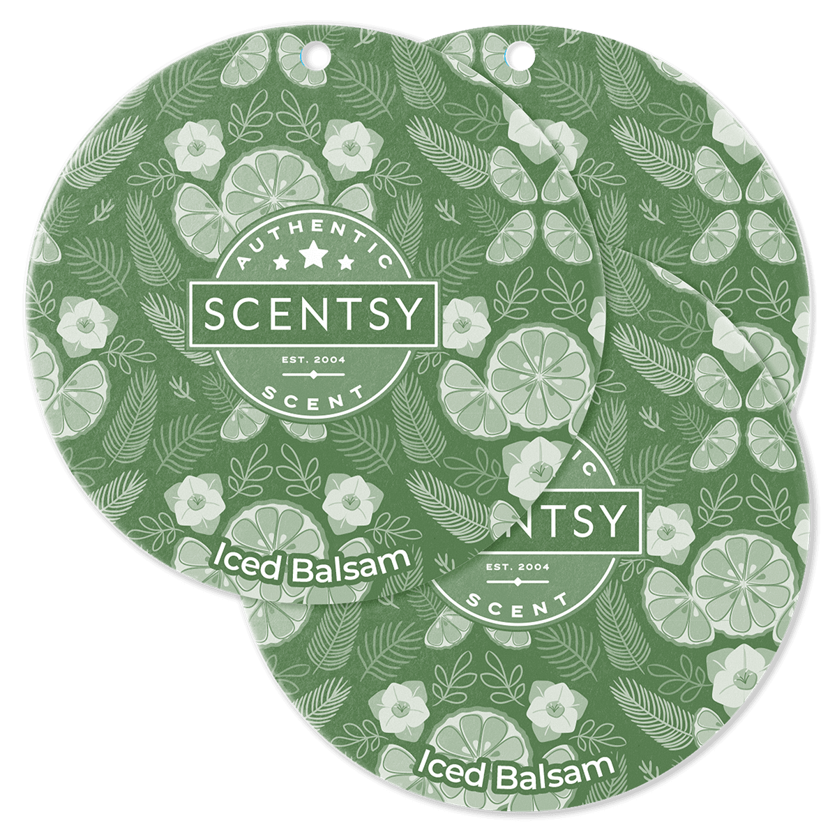 Set of three Scentsy Iced Balsam scent circles with green botanical design.