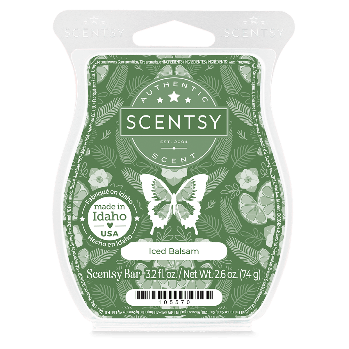 Scentsy Iced Balsam wax bar featuring green label with pine and citrus illustrations.