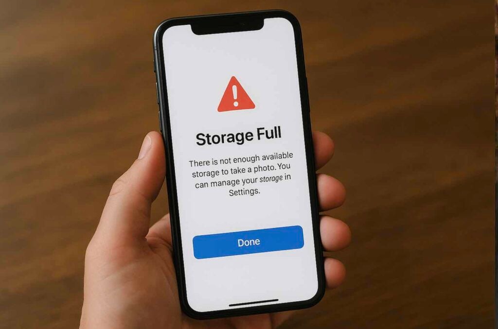 iPhone displaying a "Storage Full" warning, illustrating the need for better photo storage and backup solutions.