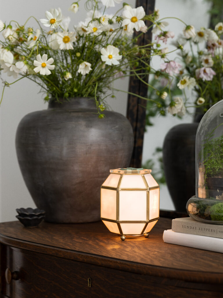 Scentsy Clara Warmer from the Inspire Collection, a classic white beaded dish design styled on a kitchen counter for a timeless, clean look