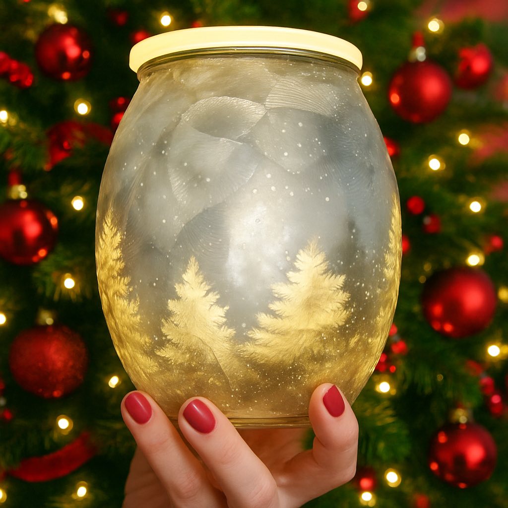 Hand holding the Scentsy Wintercrest Warmer in front of a Christmas tree, showing the glowing golden forest design
