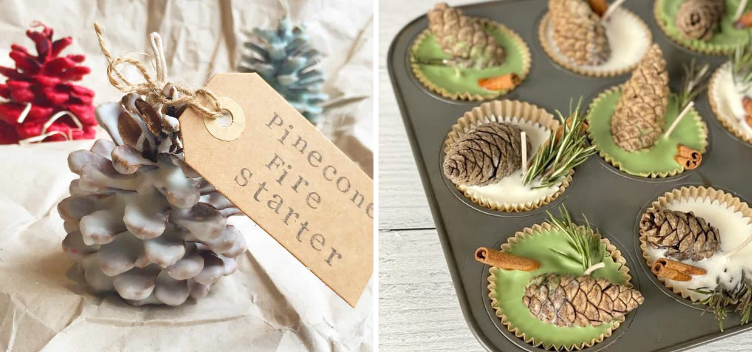 wo DIY projects showing creative ways to reuse old candle or Scentsy wax: dipped pinecone fire starters and muffin-tin wax fire starters decorated with natural elements like rosemary and cinnamon.