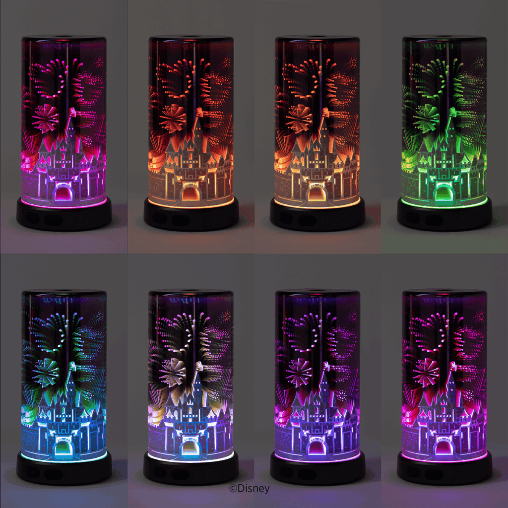 Sleeping Beauty Castle Scentsy diffuser displaying multiple light color modes inspired by Disneyland fireworks.