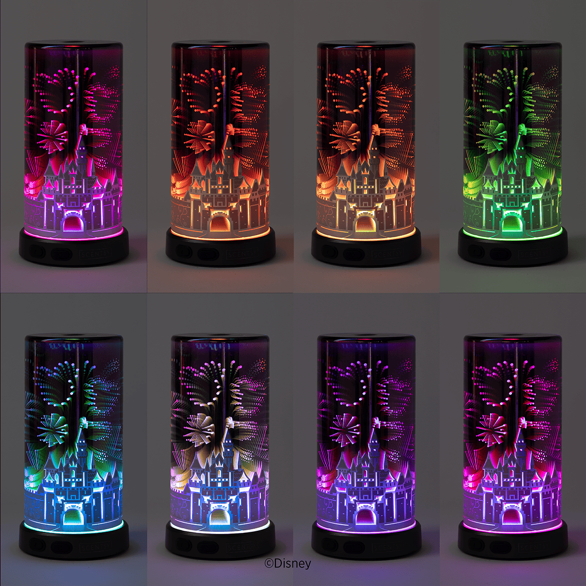 Sleeping Beauty Castle Scentsy diffuser displaying multiple light color modes inspired by Disneyland fireworks.
