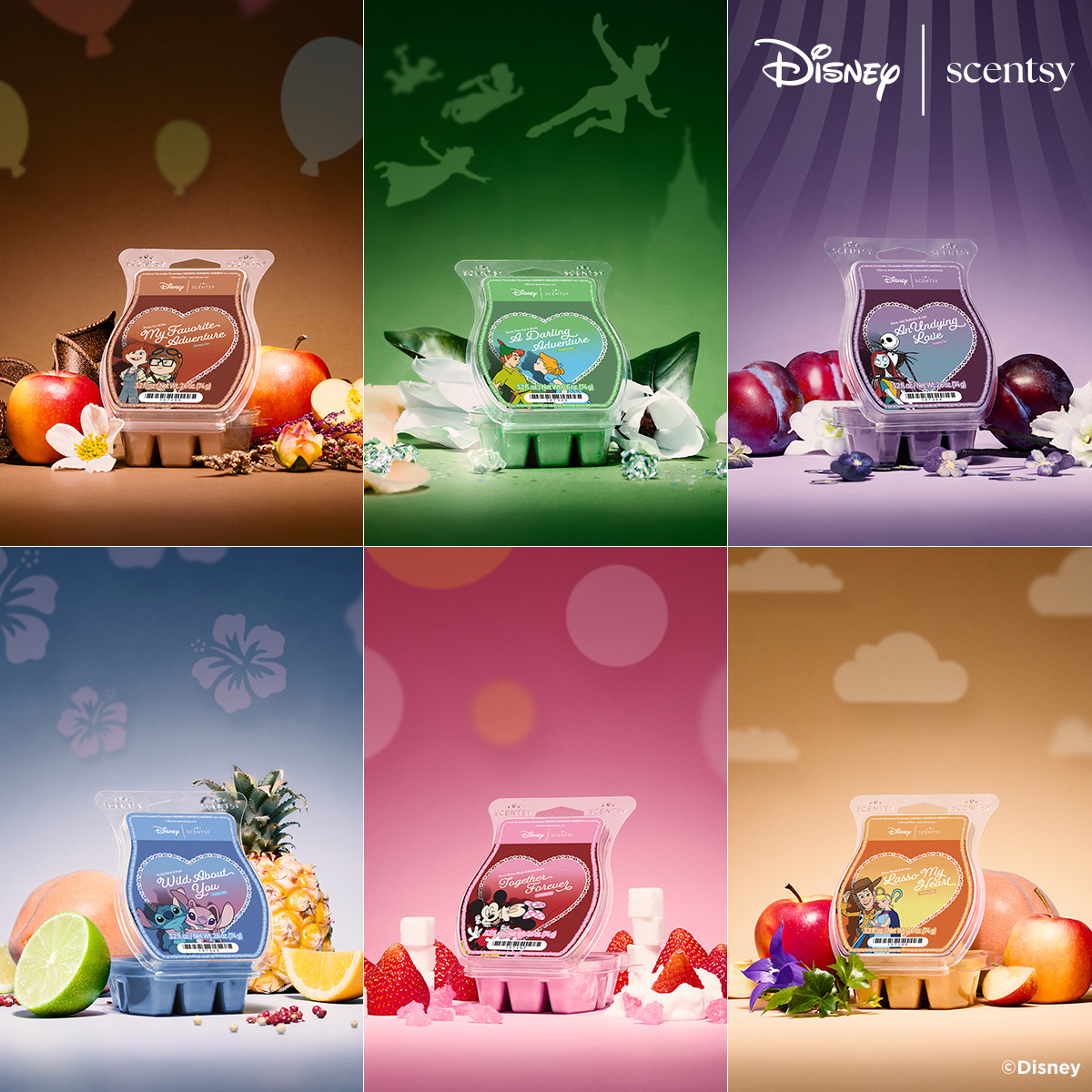 Disney Scentsy Love Stories collection featuring multiple romantic wax bars inspired by iconic Disney couples.