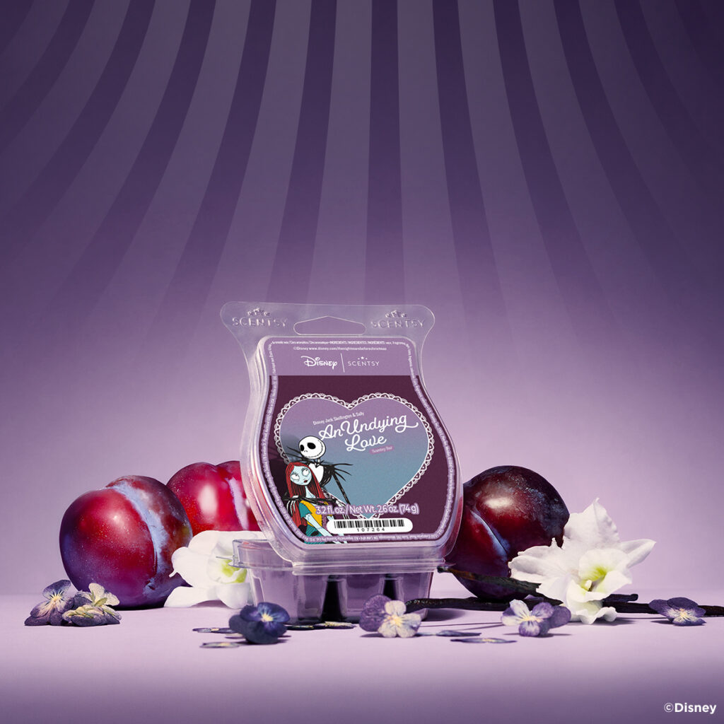 Disney Scentsy An Undying Love wax bar inspired by Jack and Sally from The Nightmare Before Christmas, styled with dark florals and plums.