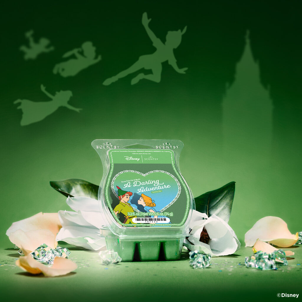 Disney Scentsy A Darling Adventure wax bar inspired by Peter Pan and Wendy, styled with soft florals and emerald green accents.
