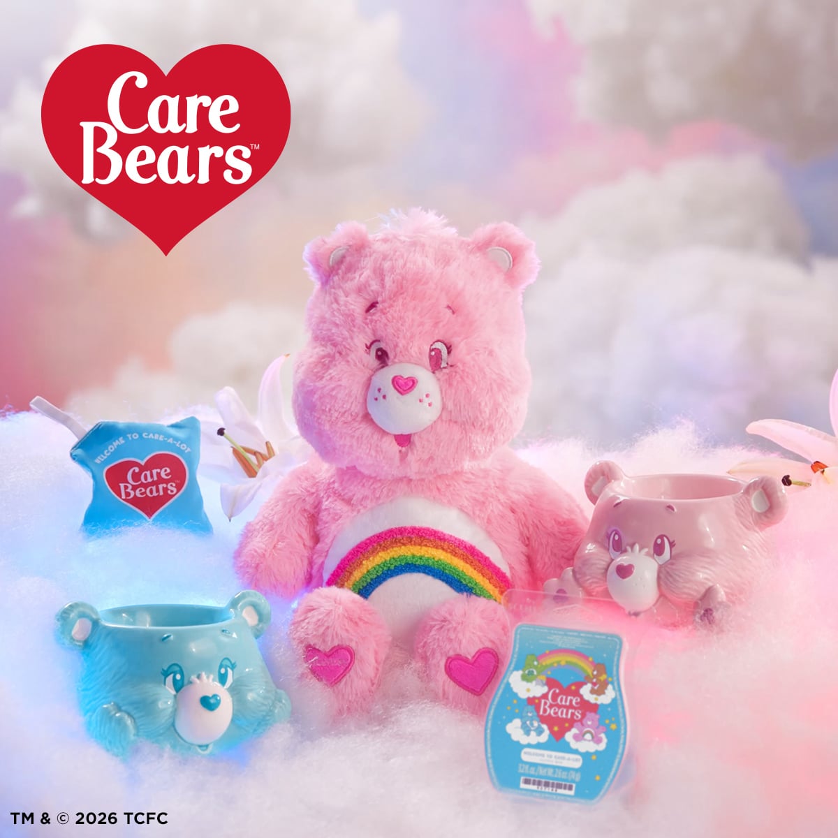 Care Bears Scentsy collection featuring Cheer Bear buddy, Bedtime Bear warmer, Cheer Bear warmer, and Care Bears wax bar on a colorful cloud background.