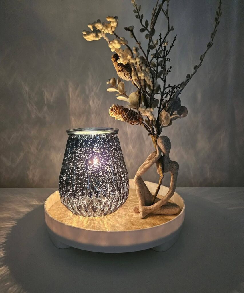 Scentsy Mediterranean Moonlight warmer on a wooden stand for the Mediterranean Moonlight Mother's day bundle