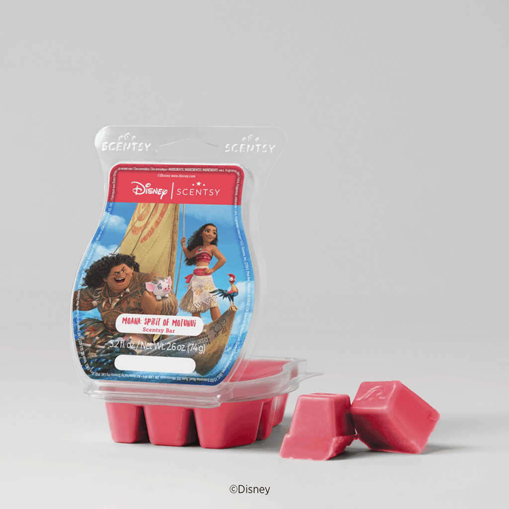 Disney Moana Spirit of Motunui Scentsy Bar with bright pink wax cubes featuring artwork of Moana, Maui, Pua, and Hei Hei.