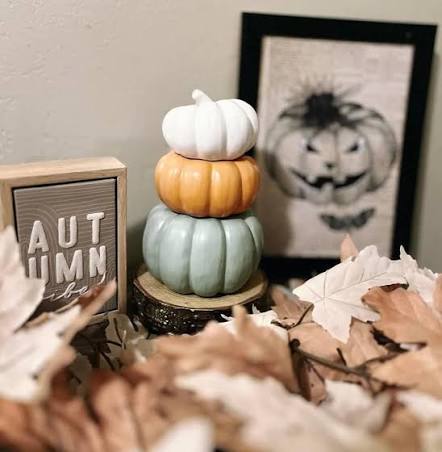 Stacked pumpkin Scentsy Warmer, Color Me Pumpkin scentsy warmer, with white, orange and sage green pumpkins displayed with fall decorations.