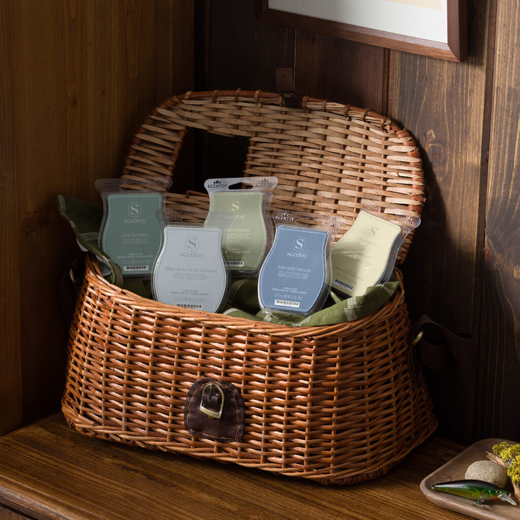 Cozy Cabin 5-Bar Bundle featuring the Scentsy fragrances Just Breathe, Blue Skies & Bergamot, Endless Forest, Lakeside Breeze, and Cedarlock from the August 2026 Scentsy Edit.