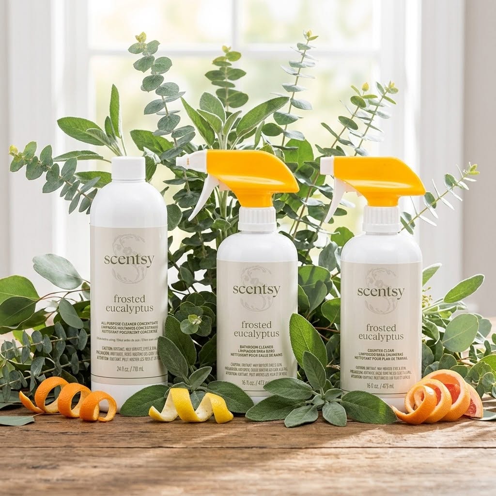Scentsy Frosted Eucalyptus cleaning collection featuring All-Purpose Cleaner Concentrate, Bathroom Cleaner and Counter Clean.