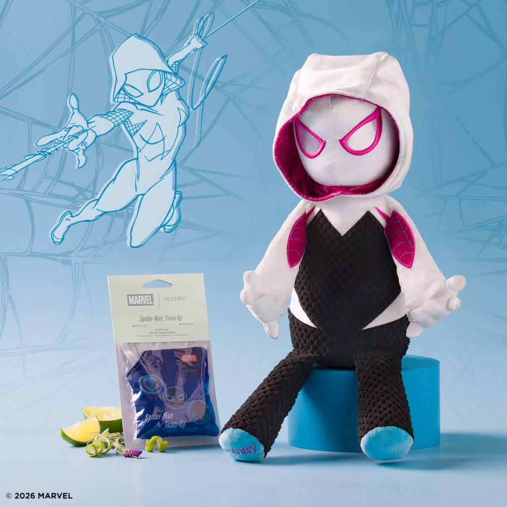 Ghost-Spider Scentsy Buddy with a Spider-Man: Team-Up Scent Pak from the Marvel Scentsy Collection.