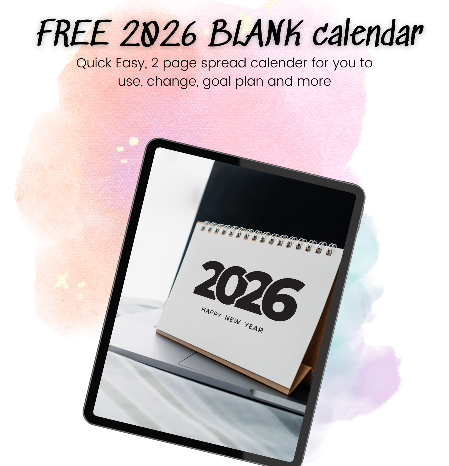 Free printable 2026 calendar displayed on a tablet, linking to Organized Online Entrepreneur's 2026 calendar download.