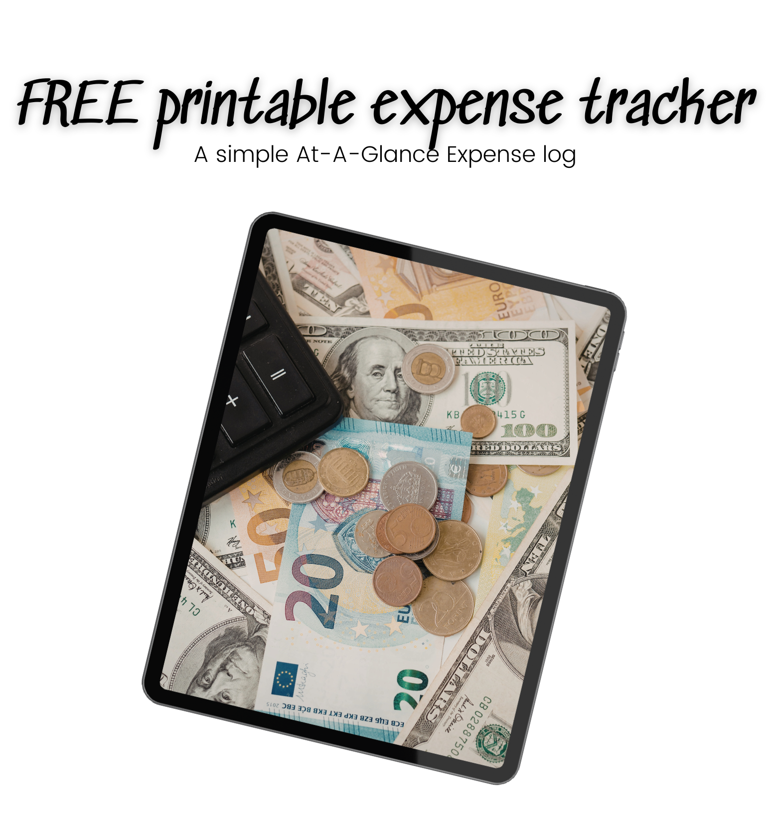 Free printable expense tracker displayed on a tablet, linking to Organized Online Entrepreneur's free expense tracker download.