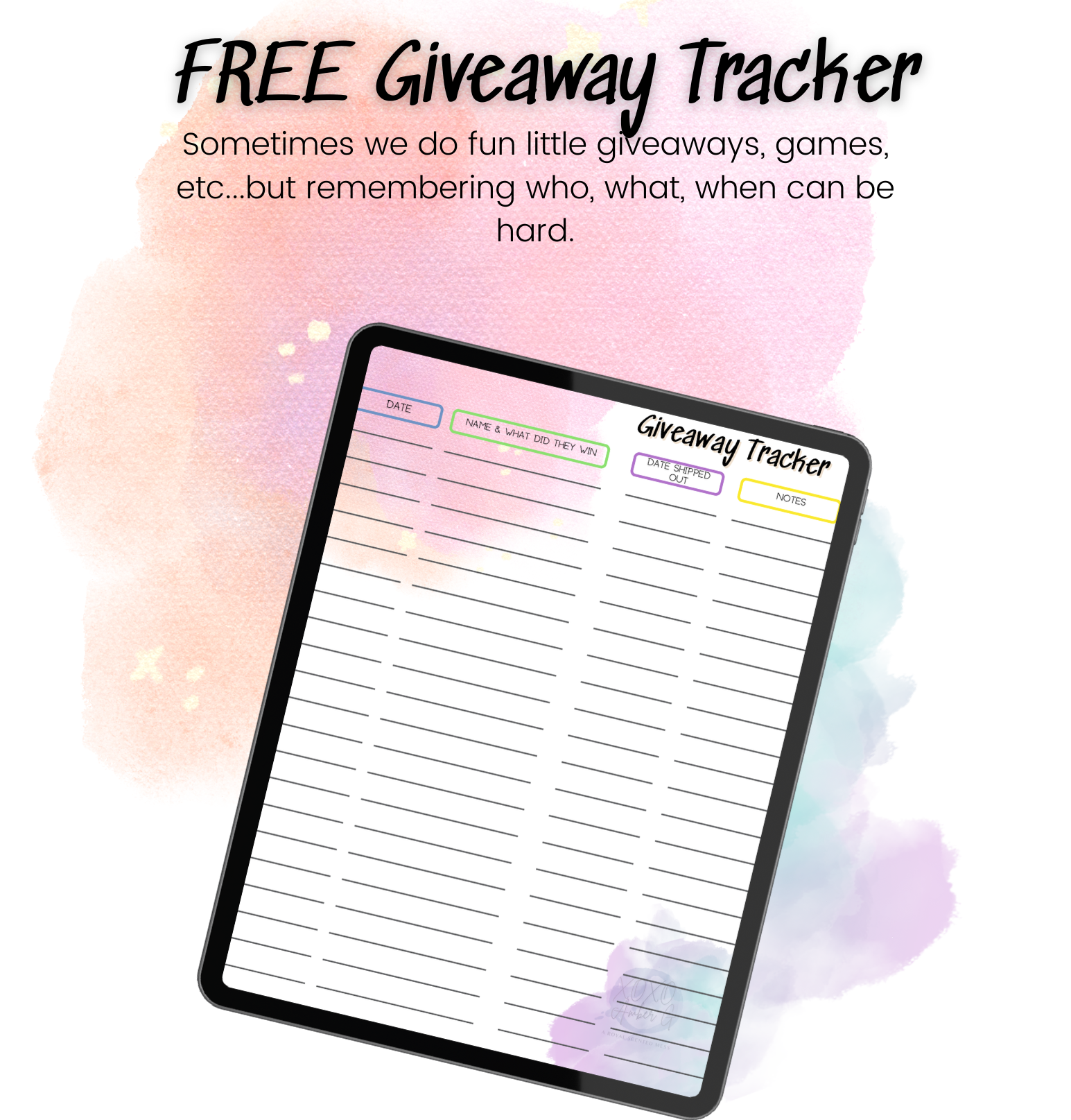Free giveaway tracker printable displayed on a tablet, linking to Organized Online Entrepreneur's giveaway tracker download.