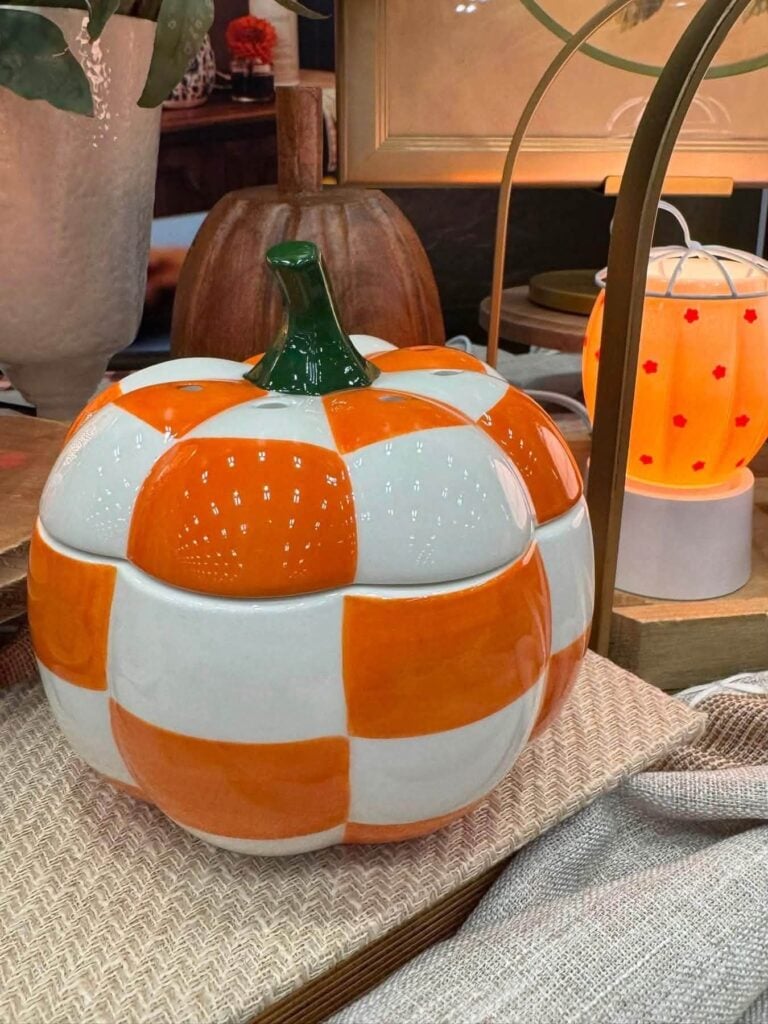 Orange and white checkered pumpkin, Patchwork Pumpkin Scentsy Warmer with a glossy finish and dark green pumpkin stem.