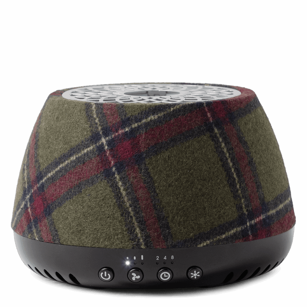 Plaid Scentsy Air Quad fragrance system featuring a green, red, and navy tartan-inspired fabric design on a white background.