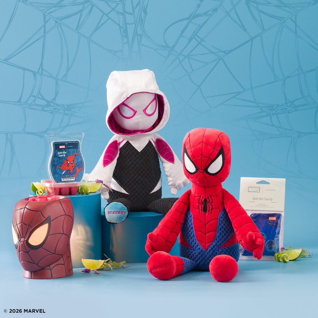 The Scentsy Spider-Man Collection featuring the Spider-Man Warmer, Spider-Man Buddy, Ghost-Spider Buddy, Spider-Man: Team-Up Scentsy Bar and Spider-Man: Team-Up Scent Pak.