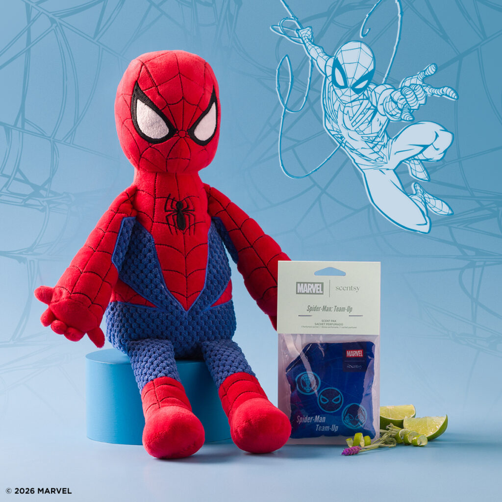 Spider-Man Scentsy Buddy with a Spider-Man: Team-Up Scent Pak from the Marvel Scentsy Collection.