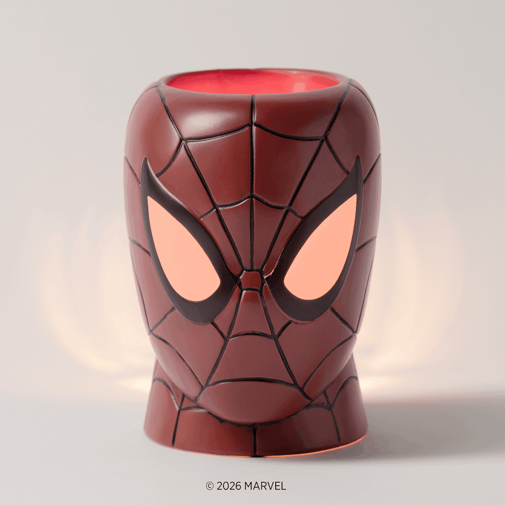 Spider-Man Scentsy Warmer glowing with illuminated eyes inspired by Marvel's Spider-Man.