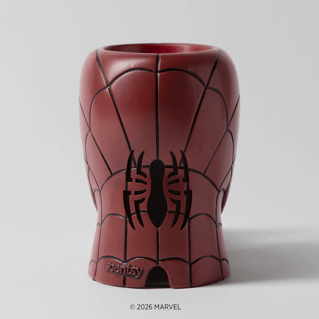 Back view of the Spider-Man Scentsy Warmer featuring the black spider emblem and web detailing.