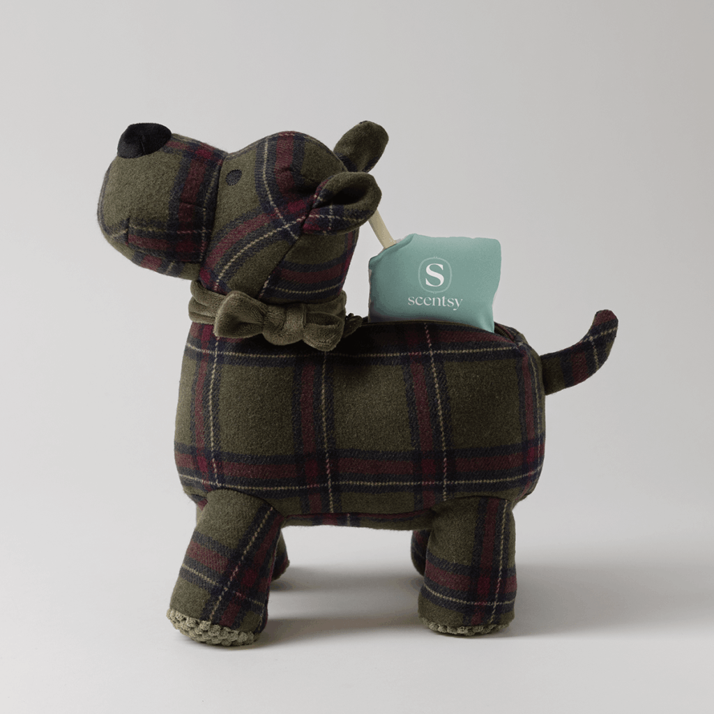 Back view of Sutton the Scottie Dog Scentsy Buddy showing the zippered pocket with a Scentsy Scent Pak inserted.