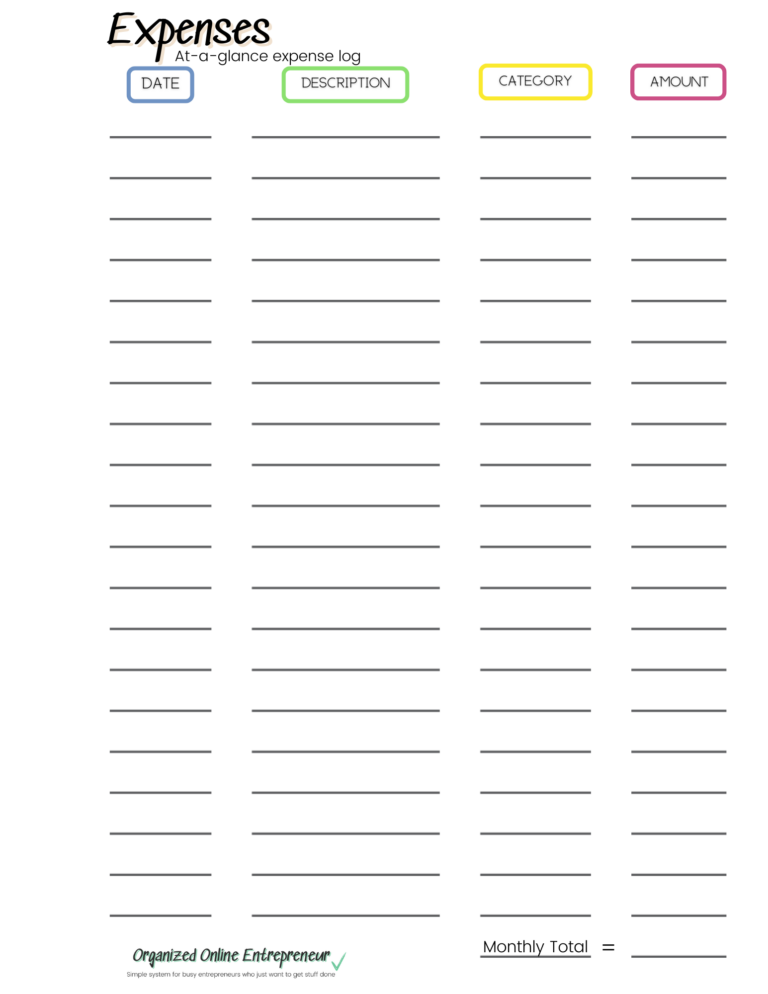 Organized Online Entrepreneur free expense tracker to help make tracking expenses easier